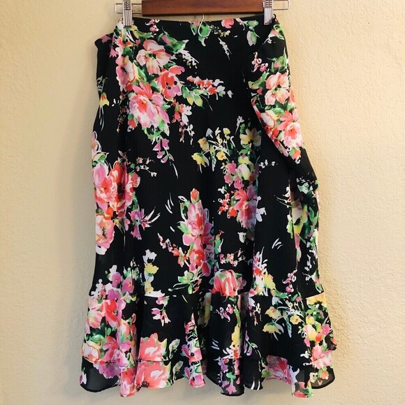 Chaps Women Skirt Tulip Mid Length Floral Print Black Romantic Fairy Grunge - Picture 5 of 7